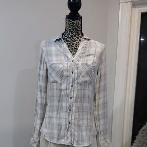 RW&CO. Light Taupe Plaid Ruffle-Trim Button-Down Shirt